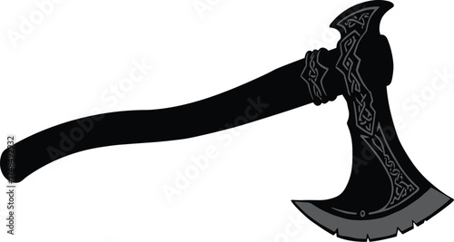 Fantasy battle axe with curved handle and jagged blade, black vector weapon featuring ornate design, medieval combat gear, warrior symbol.