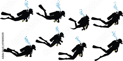 Scuba Diver Silhouette Vector Collection Featuring Dynamic Swimming Poses, Bubble Trails, and Underwater Motion for Marine, Adventure, and Digital Design Projects