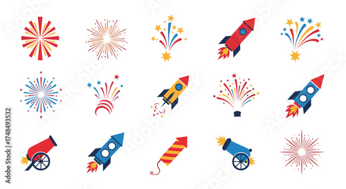 A vibrant collection of colorful celebratory fireworks and rockets igniting the night sky for festive occasions.