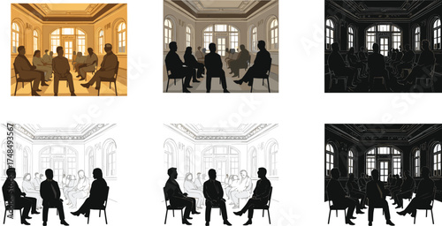 Business meeting in elegant room, team discussion, corporate group therapy, brainstorming session, professional gathering, workplace collaboration, modern office illustration