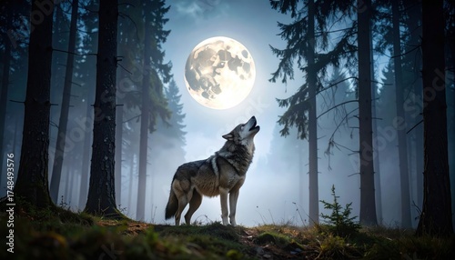 Wolf Howling at Full Moon in Misty Forest.