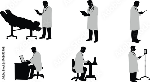 Medical professional silhouettes in hospital settings, doctors using technology, patient care, clipboard reading, computer work, healthcare service, black vector art.