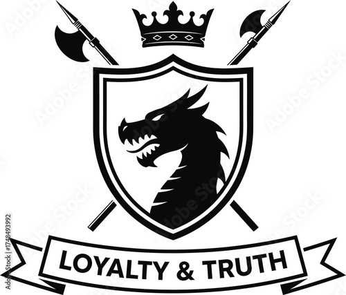 Dragon crest with crown and crossed flags loyalty and truth