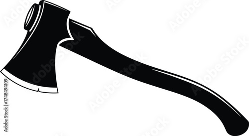 Minimalist monochrome vector illustration of traditional axe with curved wooden handle and sharp broad blade, simple clean line design