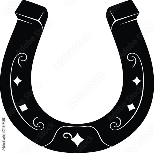 Ornamental horseshoe silhouette with decorative swirls and diamond accents, black vector symbol of good luck, protection, cultural charm, rustic design.