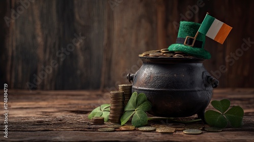 St. Patrick's Day Pot of Gold with Coins Four Leaf Clovers and Irish Flag Hat on Rustic Wooden Surface
