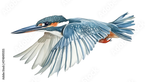 Watercolor painting of a kingfisher in flight, showcasing its detailed plumage and dynamic pose, isolated on transparent background the birds wings are spread wide, creating a sense of motion