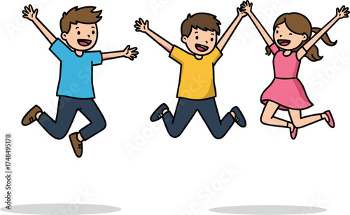 Cartoon children jumping, joyful expression, happy kids, playful moment, celebration scene, energetic pose, fun activity, vector illustration, childhood joy