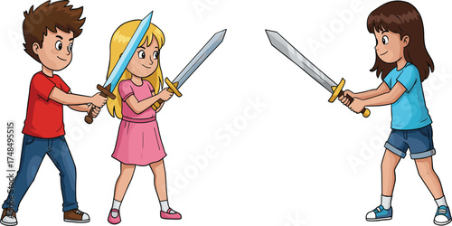 Cartoon children sword fighting, playful duel, toy swords, imaginative play, group activity, childhood fun, action scene, vector illustration, friends