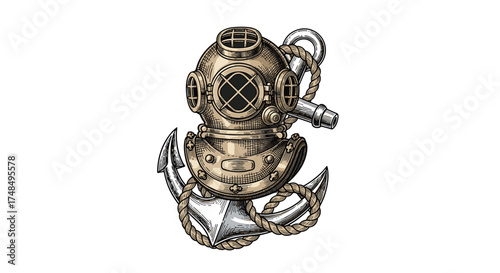 Vintage deep sea diving helmet rests on an antique anchor symbolizing maritime exploration and underwater adventure.