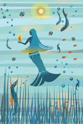 The Little Mermaid in the waters of the sea surrounded by sea creatures 