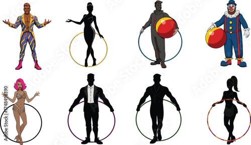Colorful circus performers and acrobats with hula hoops and balls, clown and dancers collection, vector character illustration design art