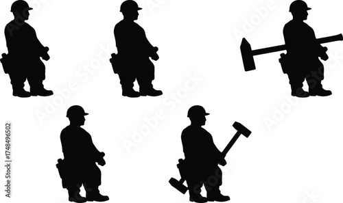 Construction worker silhouette, hard hat, sledgehammer pose, industrial labor, black figure, safety gear, standing man, tool action, work boots, strength