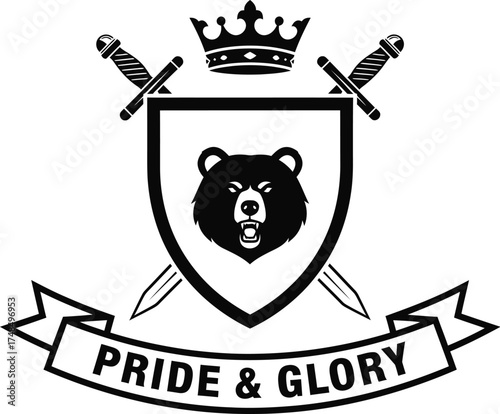 Bear crest with crossed swords and crown emblem pride and glory
