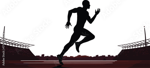 Silhouette of runner sprinting on stadium track with cityscape background, black vector sports illustration showing competition, fitness, exercise, training, athletic design.