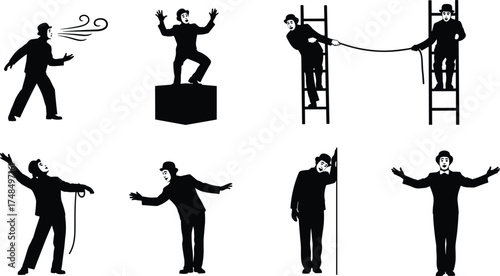 Dramatic silhouette mime poses, theatrical body language, expressive movement, silent acting, performance art, black and white illustration, storytelling gestures, emotion