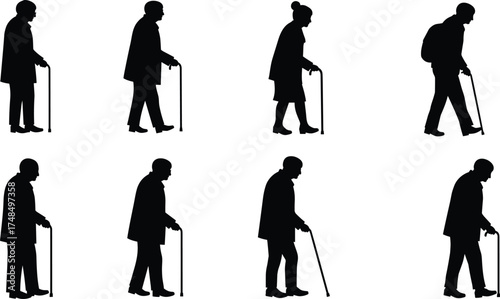 Elderly, silhouette, walking, cane, senior, aging, mobility, support, posture, health, lifestyle, independence, movement, people, care, diversity, figure, illustration, vector, profile