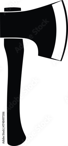 Silhouette of traditional axe with curved blade and long handle, black vector chopping tool for woodcutting, survival, forestry, weapon design.