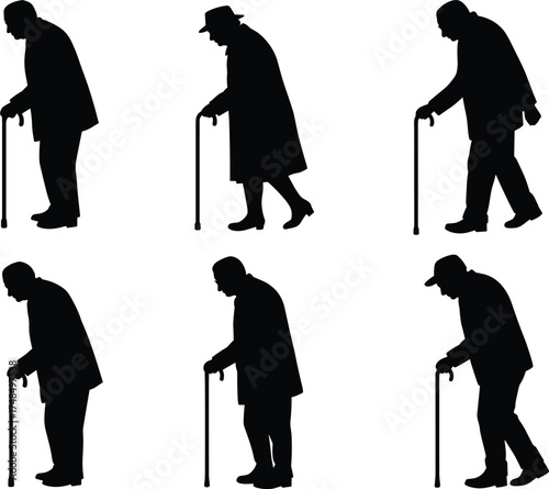 Elderly, silhouette, walking, cane, senior, mobility, aging, support, posture, health, lifestyle, people, movement, care, independence, balance, figure, illustration, vector, profile