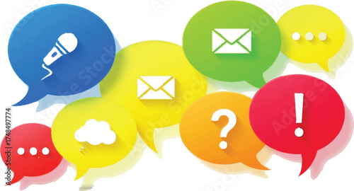 This image features a colorful collection of speech and thought bubbles