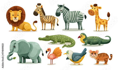 A colorful illustration featuring various cartoon animals, including a lion, zebra, and crocodile