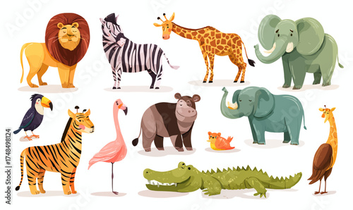 A colorful illustration of various safari animals, including a lion, zebra, giraffe, and crocodile