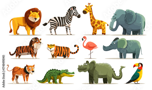 A collection of colorful, cartoon-style illustrations of various wild animals on a white background