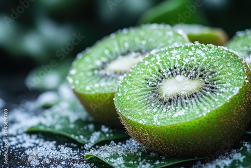 A kilo kilo fruit topped with a green leaf and dusted with white sugar.