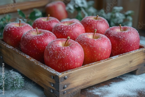 Apples arranged on a wooden tray.