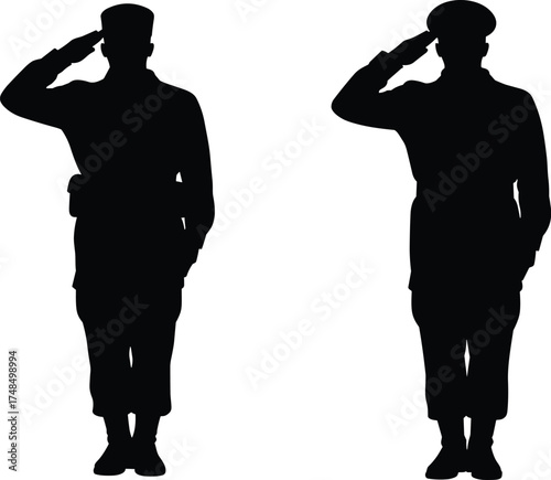 Two military silhouettes saluting in uniform, black vector figures showing respect, discipline, patriotism, formal posture, service honor, symbolic gesture.