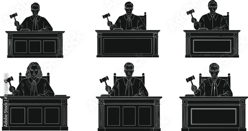 Judge, silhouette, gavel, courtroom, justice, legal, authority, bench, decision, law, equality, order, verdict, professional, impartiality, system, diversity, ruling, courthouse, illustration