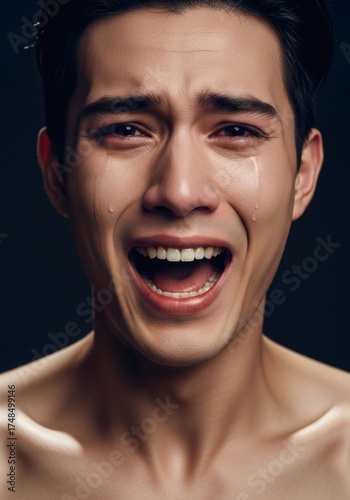 Emotional Man Crying with Tears and Painful Expression Representing Sadness Vulnerability and Mental Health Awareness Concept
