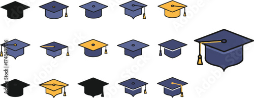 this is such a playful visual—fifteen graduation caps, each with its own flair and orientation, like a constellation of achievement.