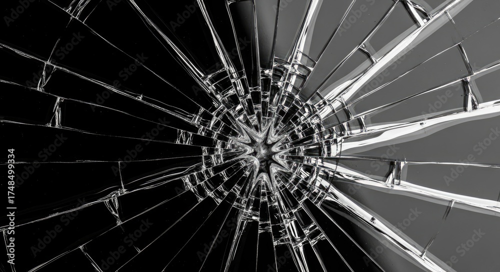 Obraz premium Shattered Glass Effect Radial Breakage with Jagged Fragments in Black and White