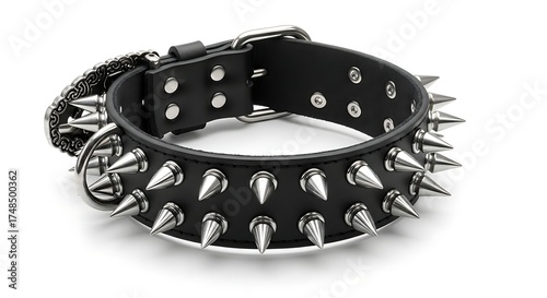 Close up of a black leather studded wristband with metal spikes on a white background