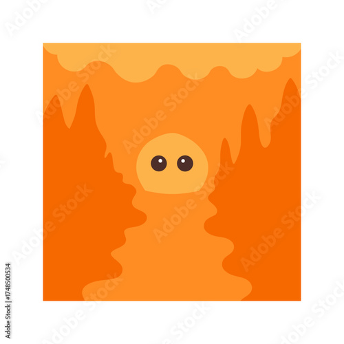 A cute simple and friendly cartoon character with large expressive brown eyes peeking out from an abstract orange background resembling lava or molten rock