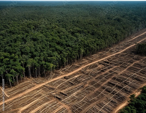 Aerial view of industrial scale deforestation of a tropical rainforest. Habitat loss due to human activity such as logging and infrastructure development.