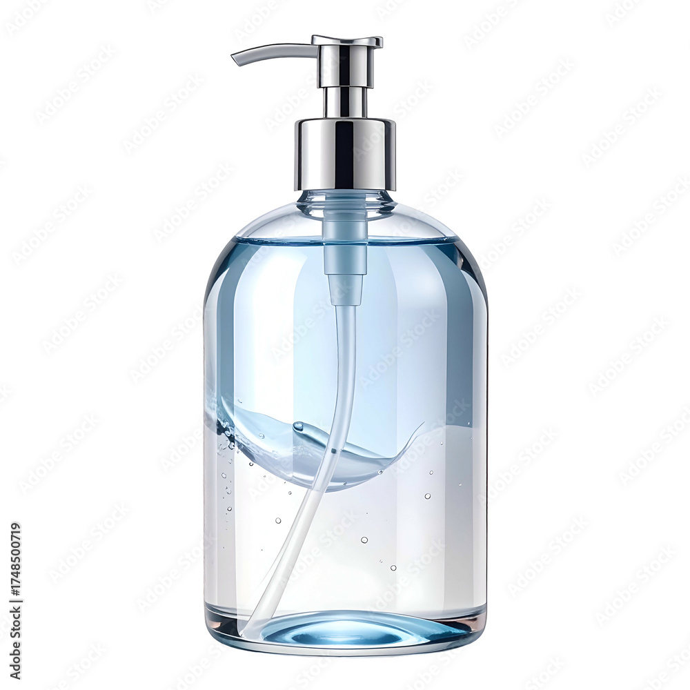 Fototapeta premium Clear, liquid soap dispenser with a silver pump. Transparent bottle with blue liquid