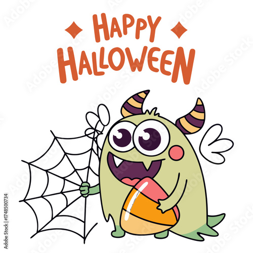 Cute Halloween Monster Vector with Candy Corn & Spiderweb – Fun Cartoon Character for Spooky Season Designs, Kids' Projects & Festive Graphics