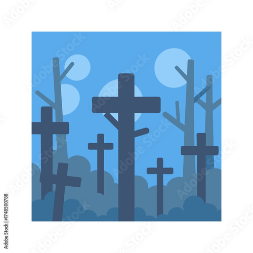 Spooky halloween graveyard scene with silhouetted crosses and bare trees against a moonlit blue sky evoking a sense of mystery and the supernatural