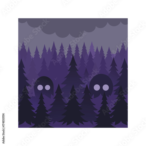 Mysterious glowing eyes peer from a dark purple pine forest under a stormy sky creating an eerie and spooky atmosphere