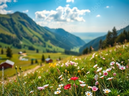 Mountain Landscape with Fresh Green Meadow