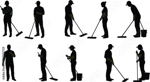 Silhouette cleaners, janitorial team, cleaning tools, mop, bucket, spray bottle, sanitation workers, workplace hygiene, custodial staff, maintenance crew, action poses
