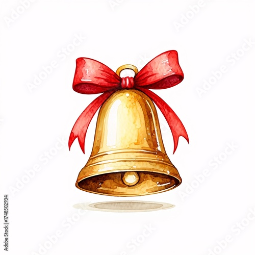 Golden christmas bell adorned with a vibrant red ribbon bow