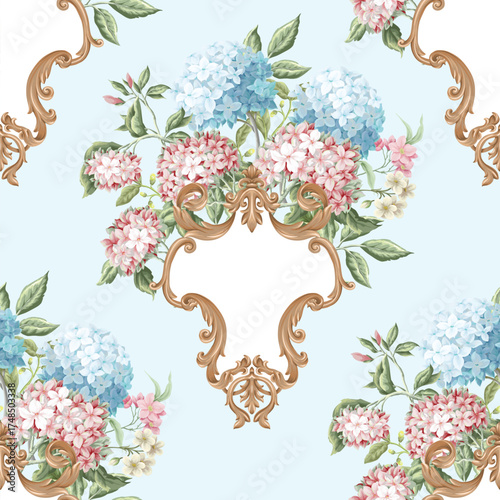 Victorian floral hydrangea baroque ornament luxury pattern vector seamless background.