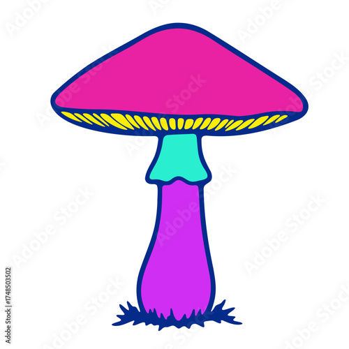 Illustration of a colorful mushroom with a pink cap and a purple stem on a white background