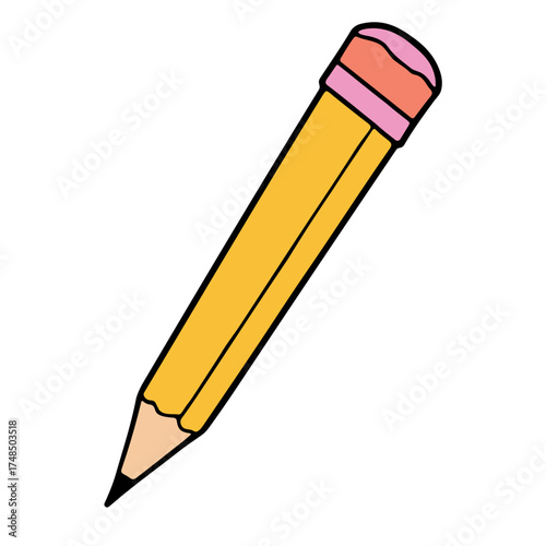 Illustration of a yellow pencil with a pink eraser and a black tip on a white background space for text