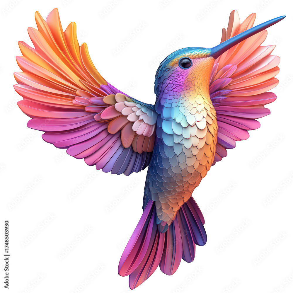 Obraz premium A vibrant hummingbird with rainbow plumage, isolated on transparent background, its wings outstretched in midflight, showcasing a blend of colors and intricate feather details