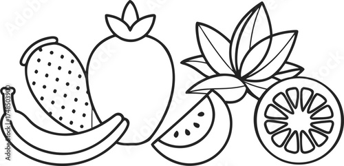Fresh fruits with banana, strawberry, kiwi, orange, and watermelon line drawing