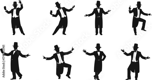 Vintage gentleman silhouette, dancing man in tuxedo, top hat performer poses, retro character design, theatrical figure, elegant male dancer illustration